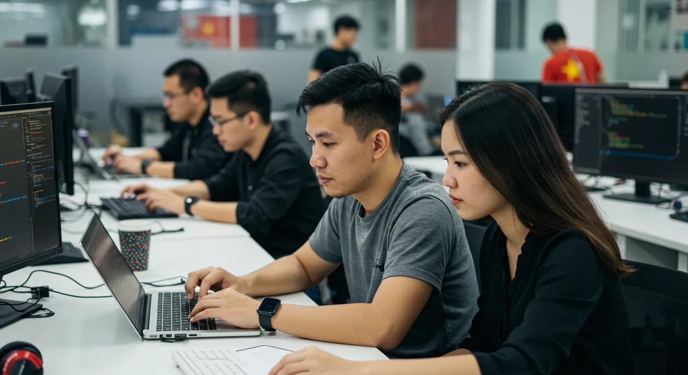 Vietnamese developers collaborating in a modern office